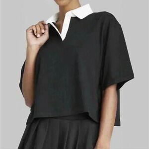 Wild fable black cropped oversized polo rugby shirt nwt Wednesday Addams